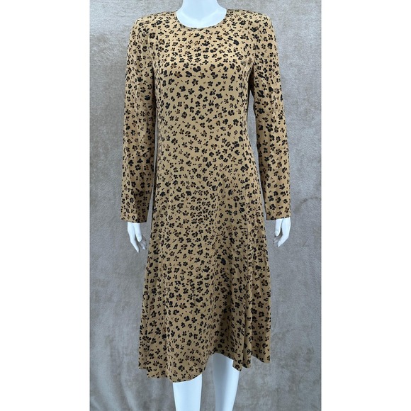 LK Bennett Dress Womens 8 Tan Leopard Midi 100% Silk Long Sleeve‎ A-Line NWT